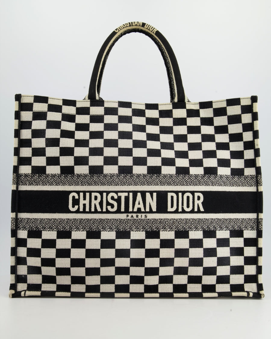 Christian Dior Large Black and White Chequered Book Tote Bag