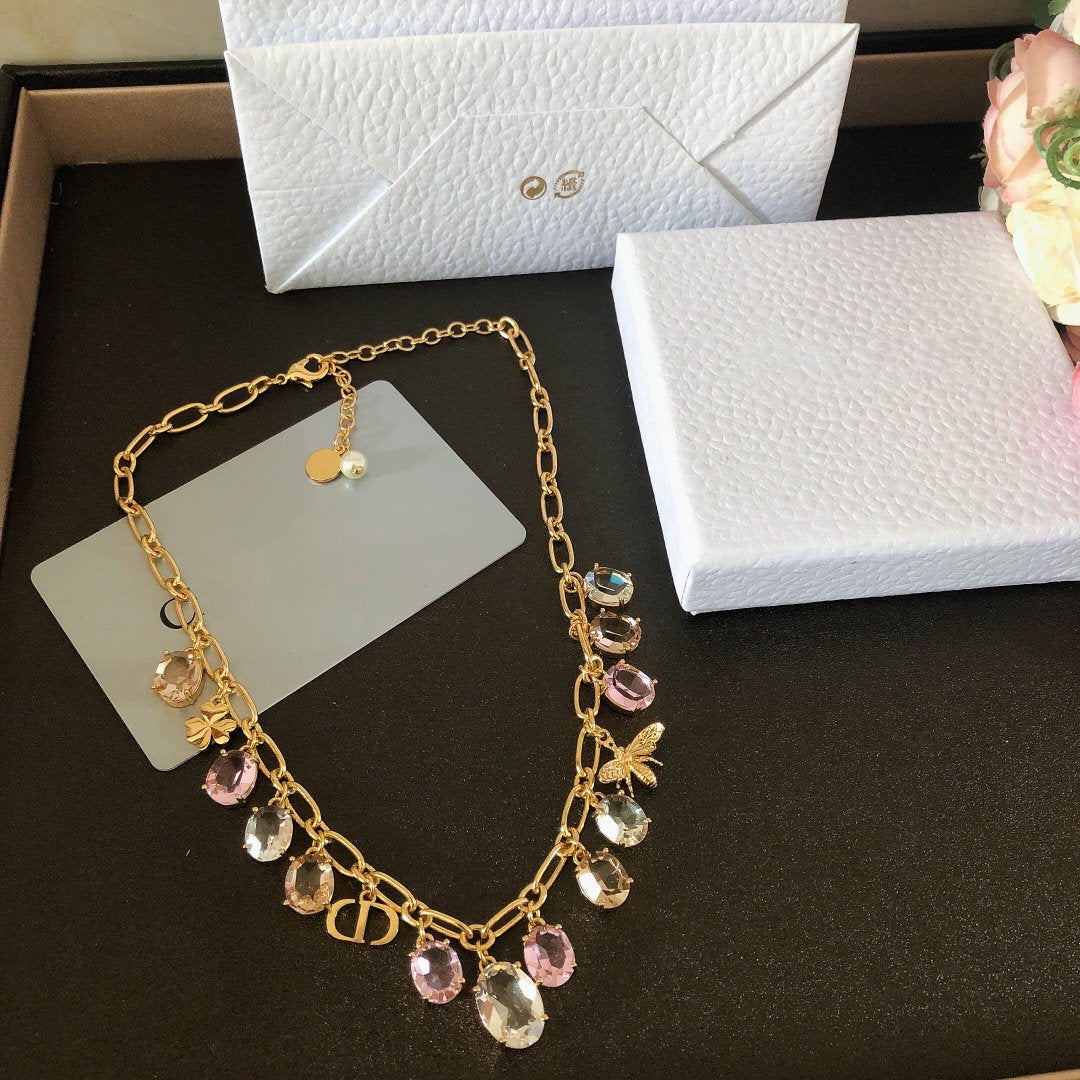 DIOR GOLD-FINISH METAL MULTICOLOR WHITE RESIN PEARL NECKLACE