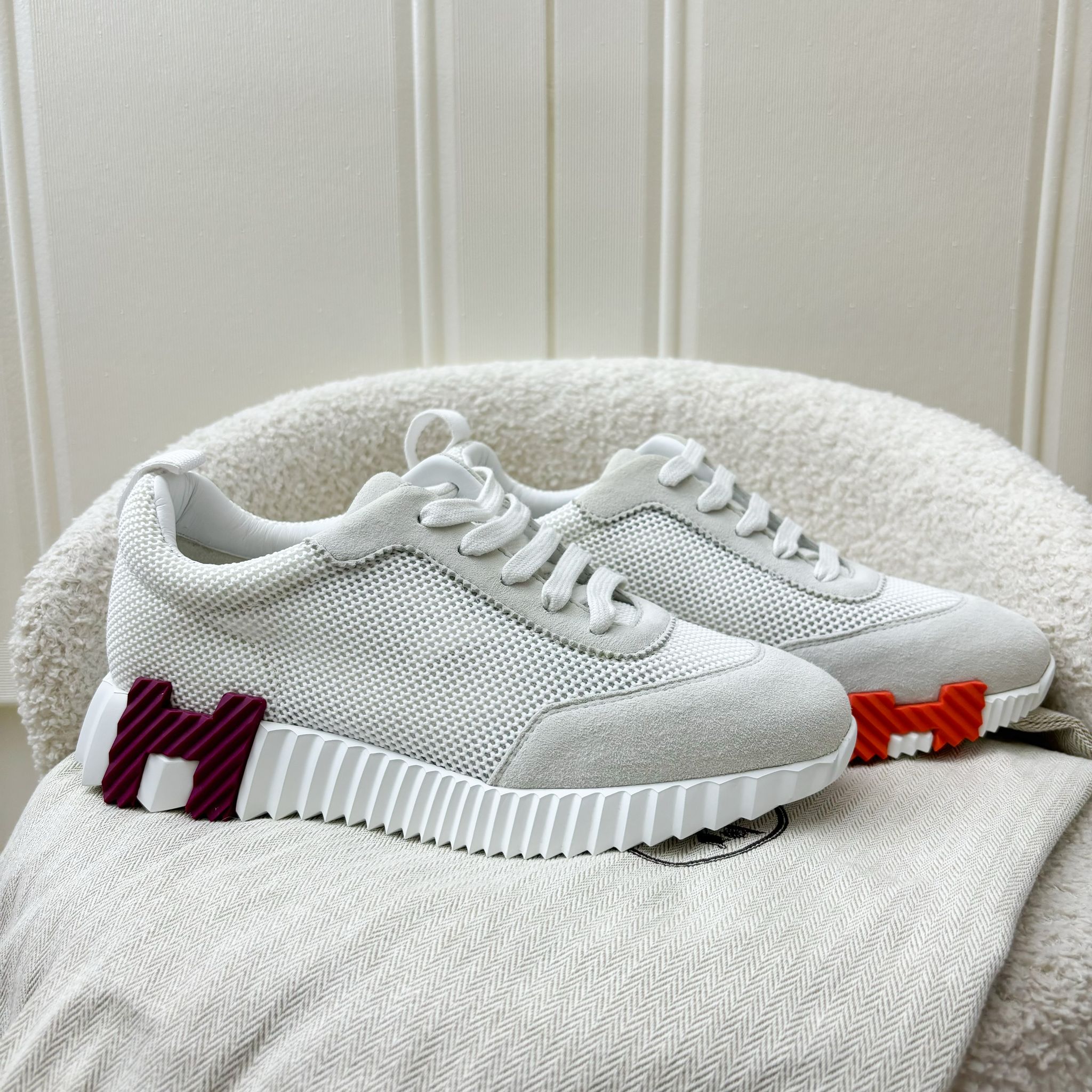 Hermes Ladies Bouncing Mesh and Suede Goatskin Sneaker in White Sz 37