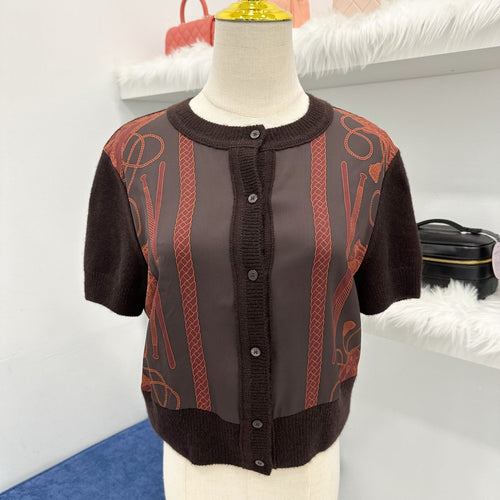 Hermes Short Sleeved Cardigan in Marron Ebene mere / Viscose / Silk Sz 40