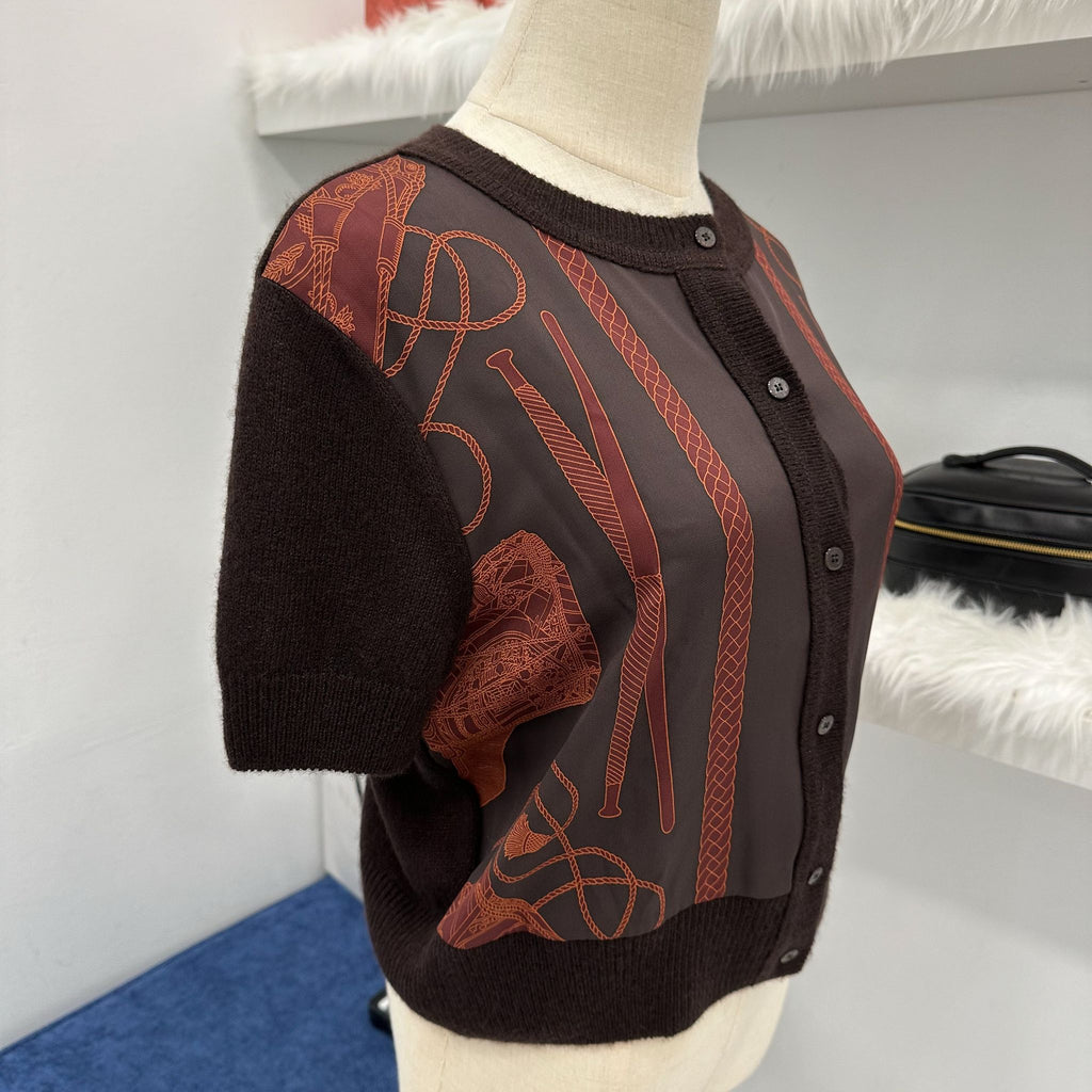 Hermes Short Sleeved Cardigan in Marron Ebene mere / Viscose / Silk Sz 40