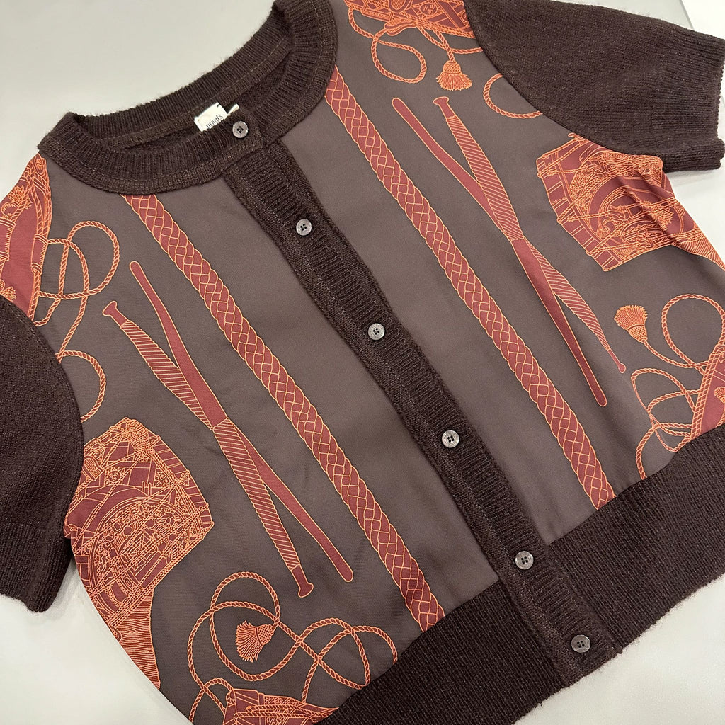 Hermes Short Sleeved Cardigan in Marron Ebene mere / Viscose / Silk Sz 40
