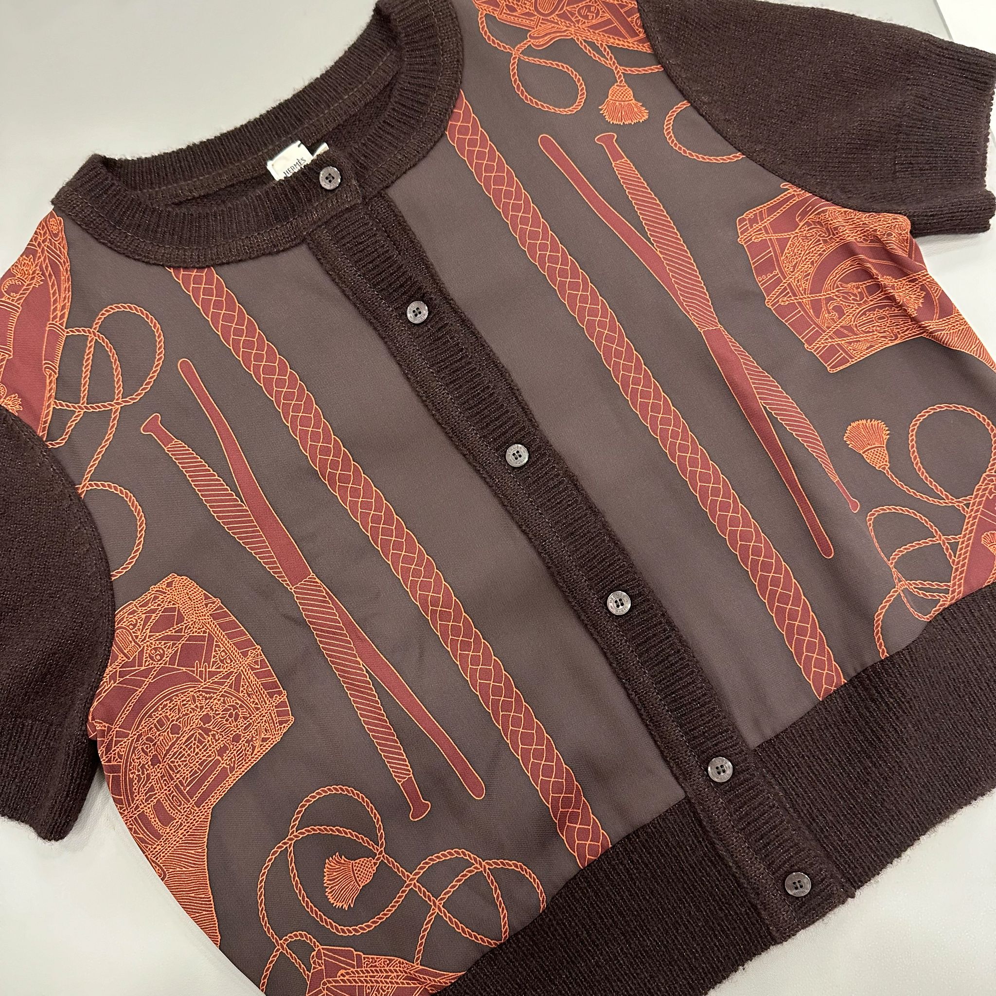 Hermes Short Sleeved Cardigan in Marron Ebene mere / Viscose / Silk Sz 40
