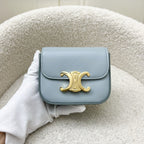 Celine Triomphe Mini Claude Flap Bag in Ice Blue Shiny Calfskin and GHW