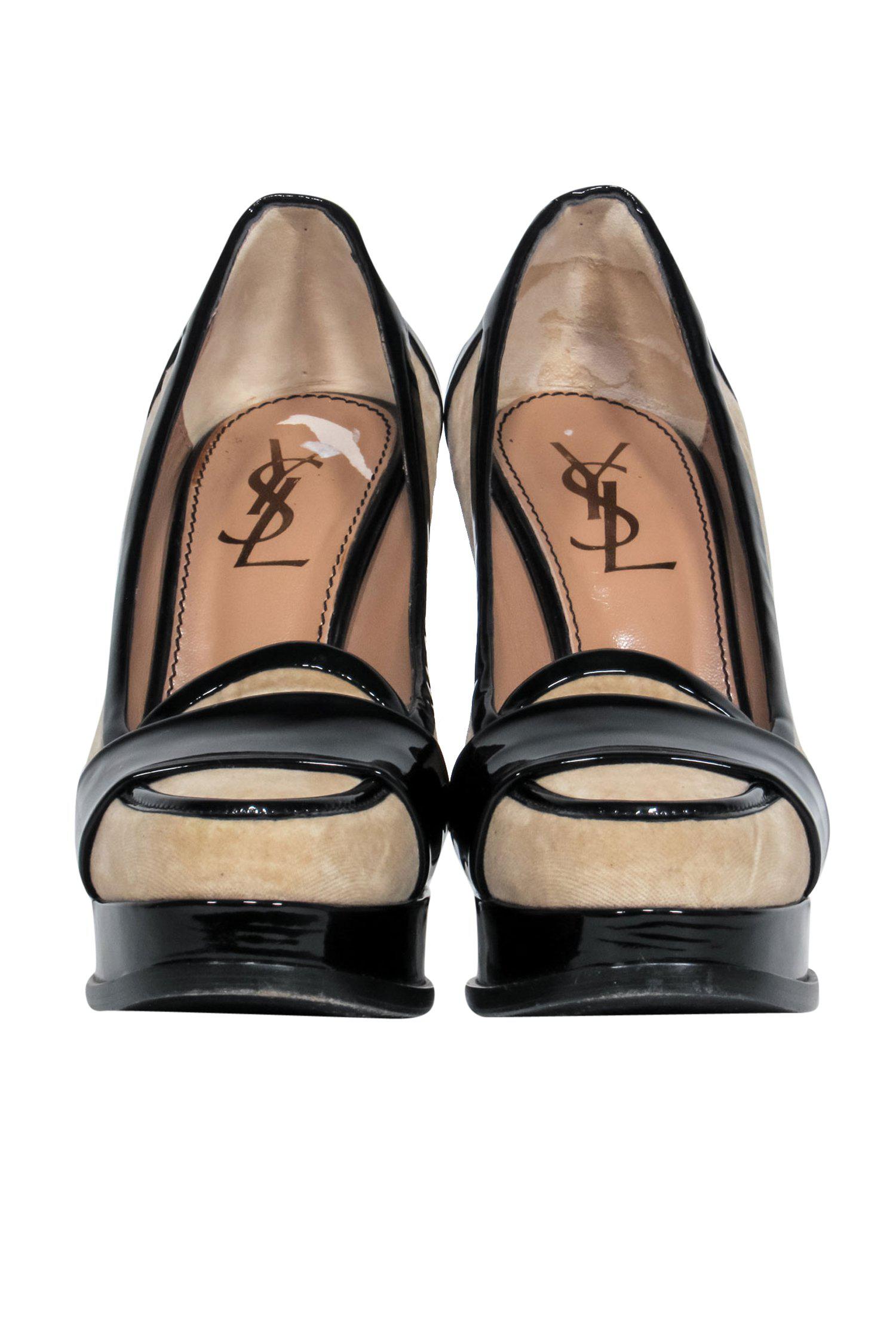 Yves Saint Laurent - Beige Suede Platform Pumps w/ Patent Leather Trim Sz 7