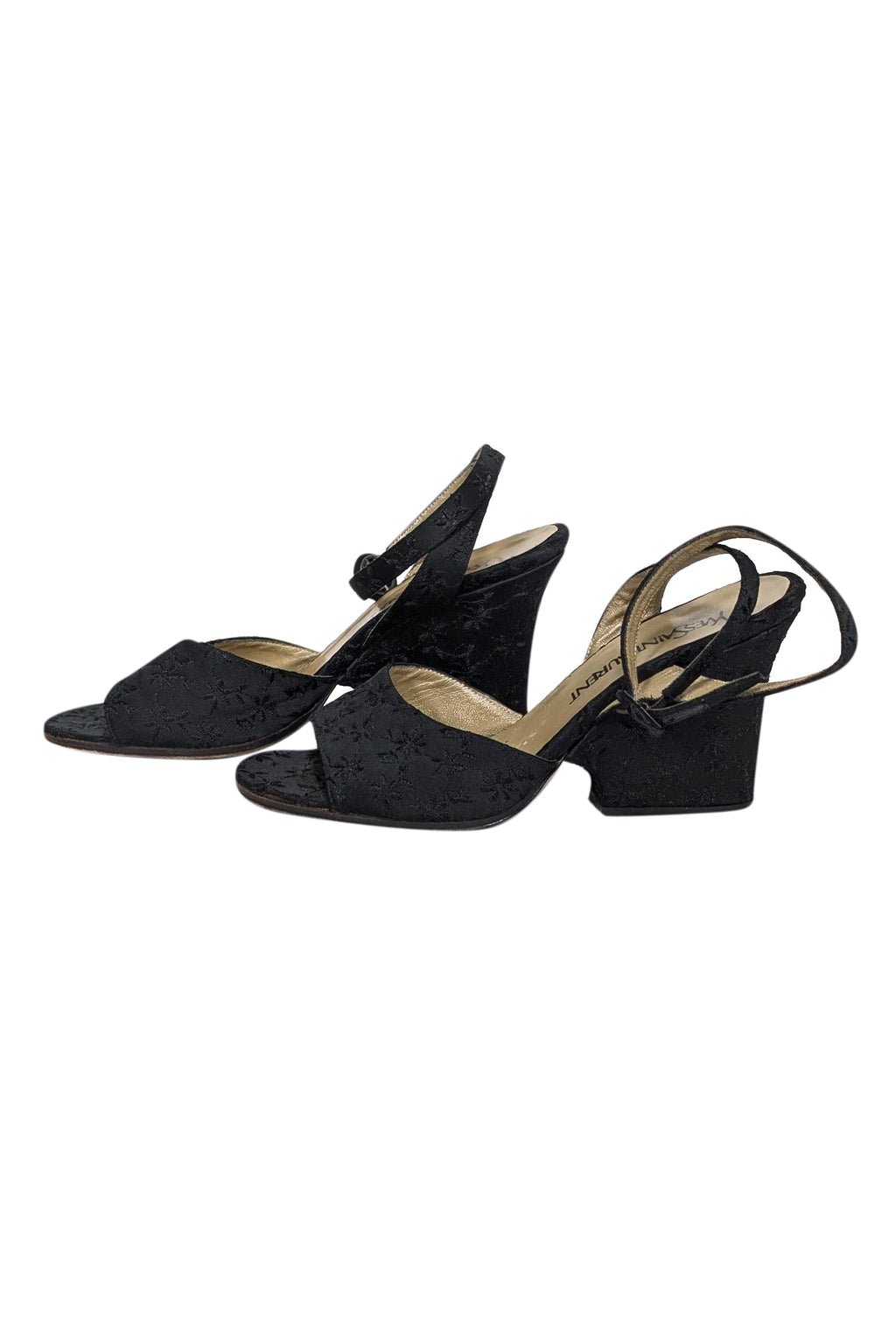 Yves Saint Laurent - Black Embroidered Open Toe Wedges Sz 7.5