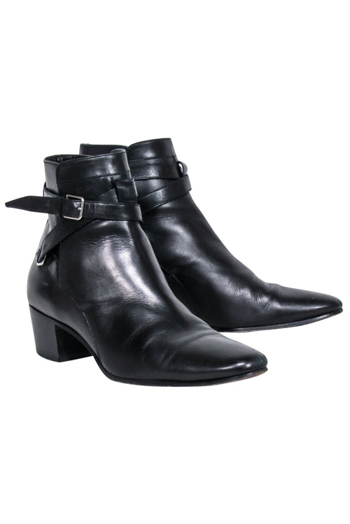 Yves Saint Laurent - Black Leather Ankle Strap Boots Sz 8.5