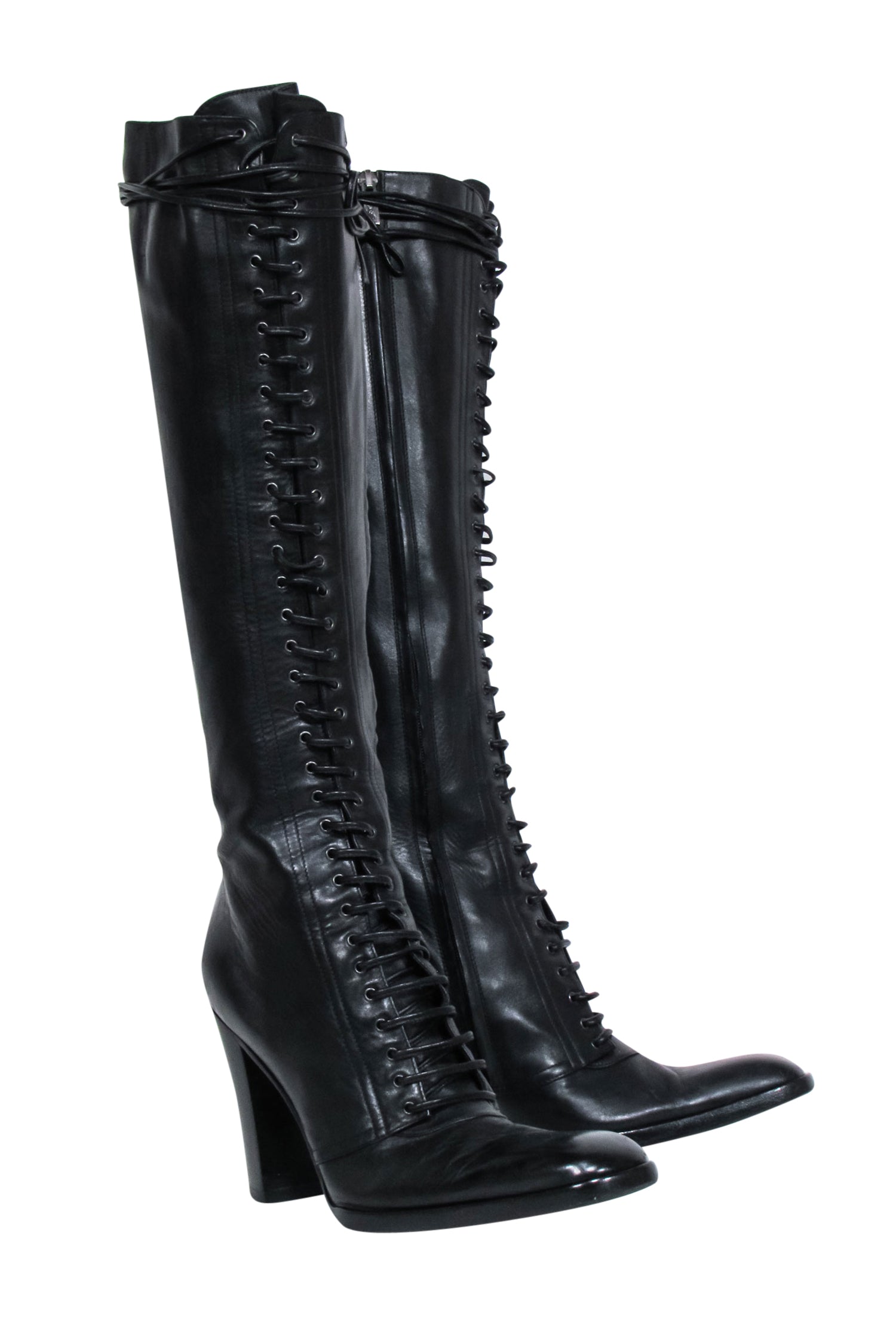 Yves Saint Laurent - Black Leather Lace-Up Tall Boots Sz 9.5