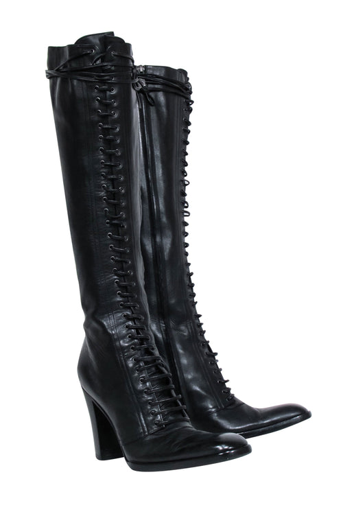 Yves Saint Laurent - Black Leather Lace-Up Tall Boots Sz 9.5