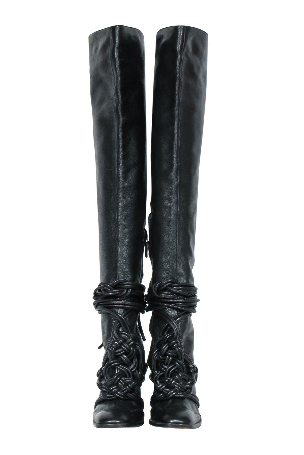 Yves Saint Laurent - Black Leather Thigh High Boots w/ Braided Lace-Up Design Sz 10