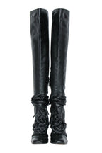 Yves Saint Laurent - Black Leather Thigh High Boots w/ Braided Lace-Up Design Sz 10