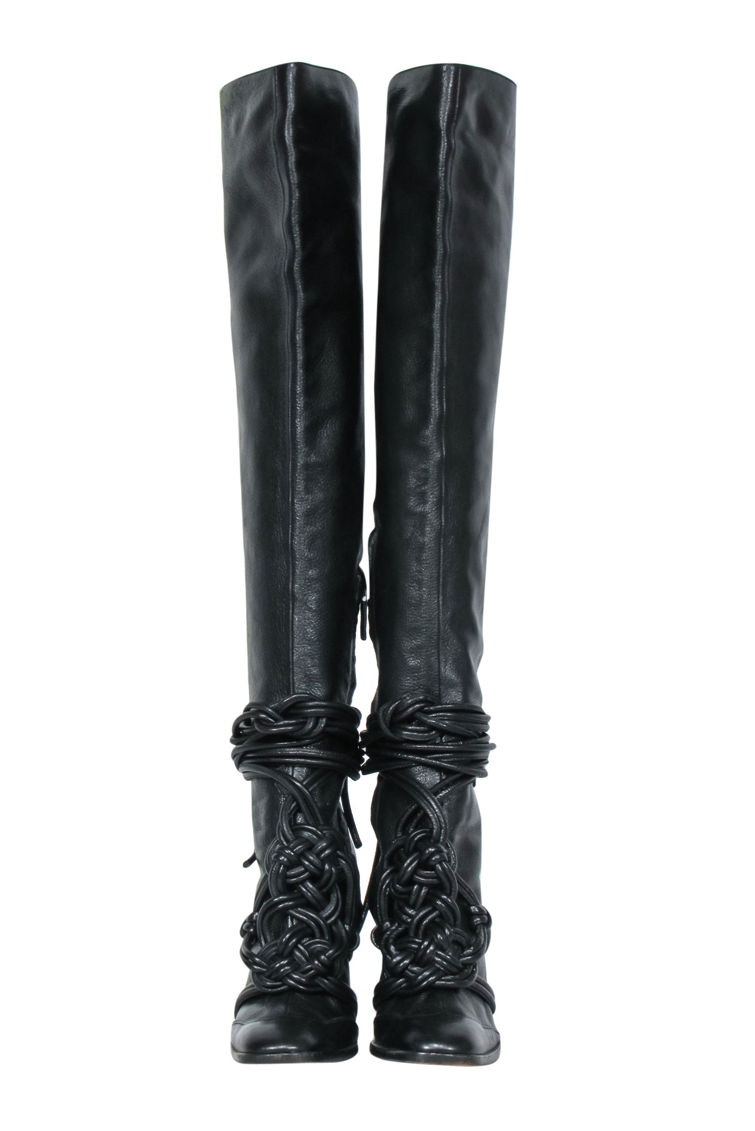 Yves Saint Laurent - Black Leather Thigh High Boots w/ Braided Lace-Up Design Sz 10