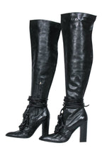 Yves Saint Laurent - Black Leather Thigh High Boots w/ Braided Lace-Up Design Sz 10