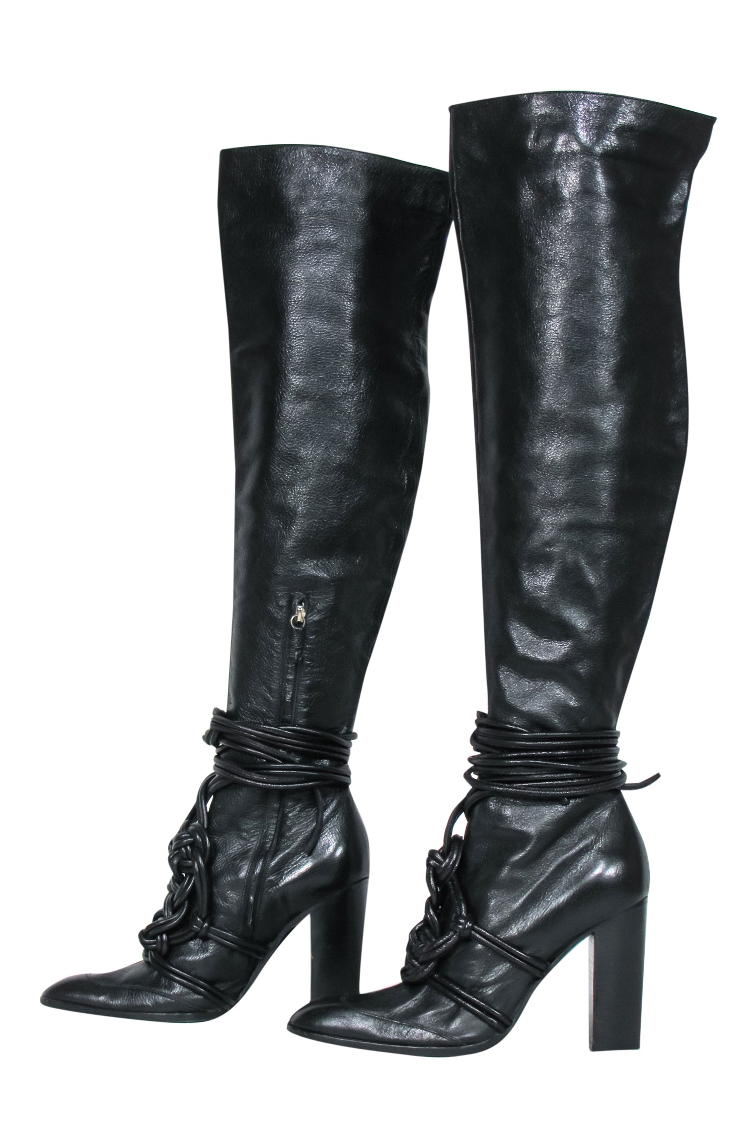 Yves Saint Laurent - Black Leather Thigh High Boots w/ Braided Lace-Up Design Sz 10