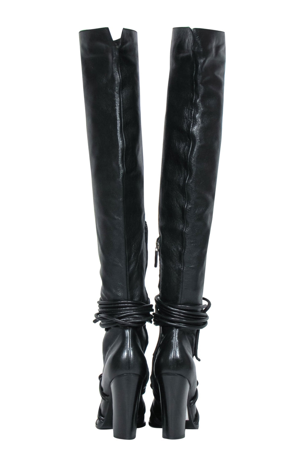 Yves Saint Laurent - Black Leather Thigh High Boots w/ Braided Lace-Up Design Sz 10