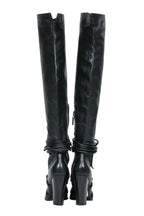 Yves Saint Laurent - Black Leather Thigh High Boots w/ Braided Lace-Up Design Sz 10
