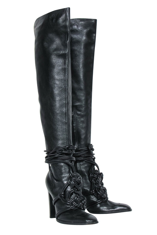 Yves Saint Laurent - Black Leather Thigh High Boots w/ Braided Lace-Up Design Sz 10