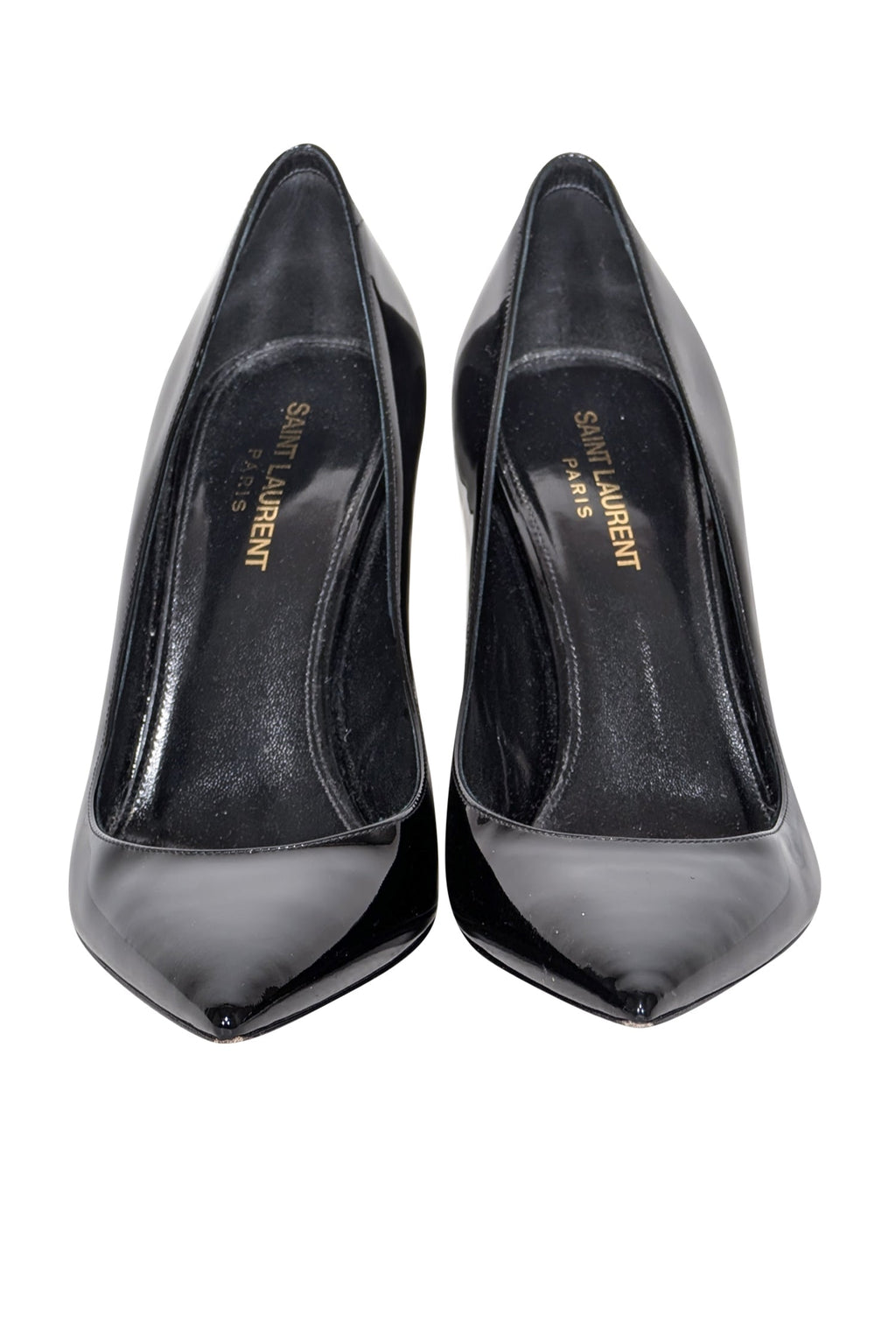 Yves Saint Laurent - Black Patent Leather Pointed Tow Logo Heel Pumps Sz 9.5