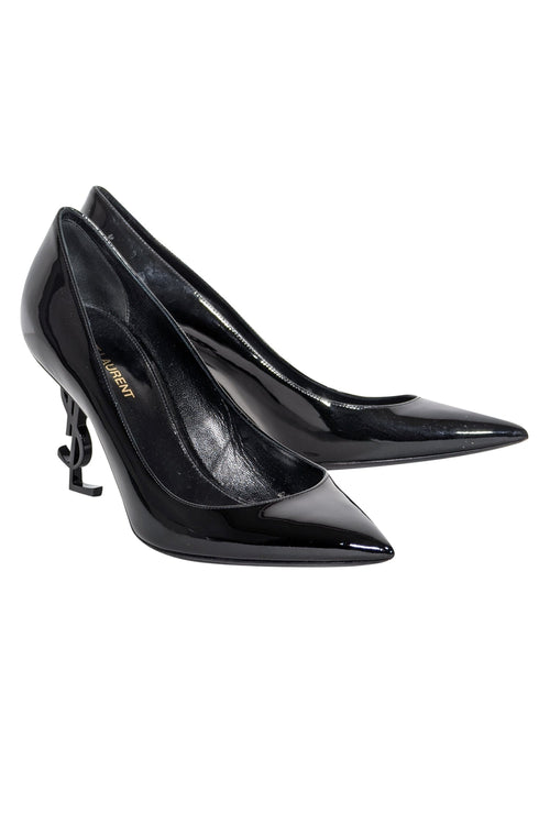 Yves Saint Laurent - Black Patent Leather Pointed Tow Logo Heel Pumps Sz 9.5