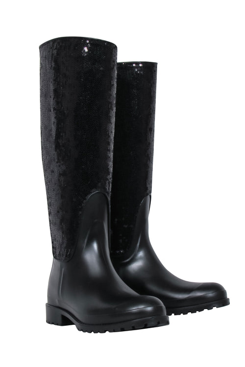 Yves Saint Laurent - Black Sequin Rubber Boots Sz 7