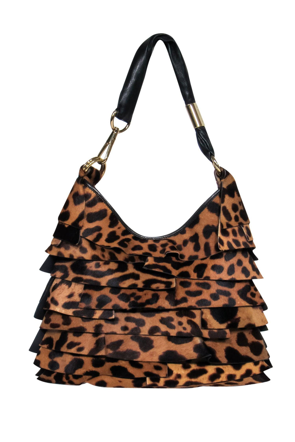 Yves Saint Laurent - Brown Leopard Print Calf Hair Tiered Shoulder Bag