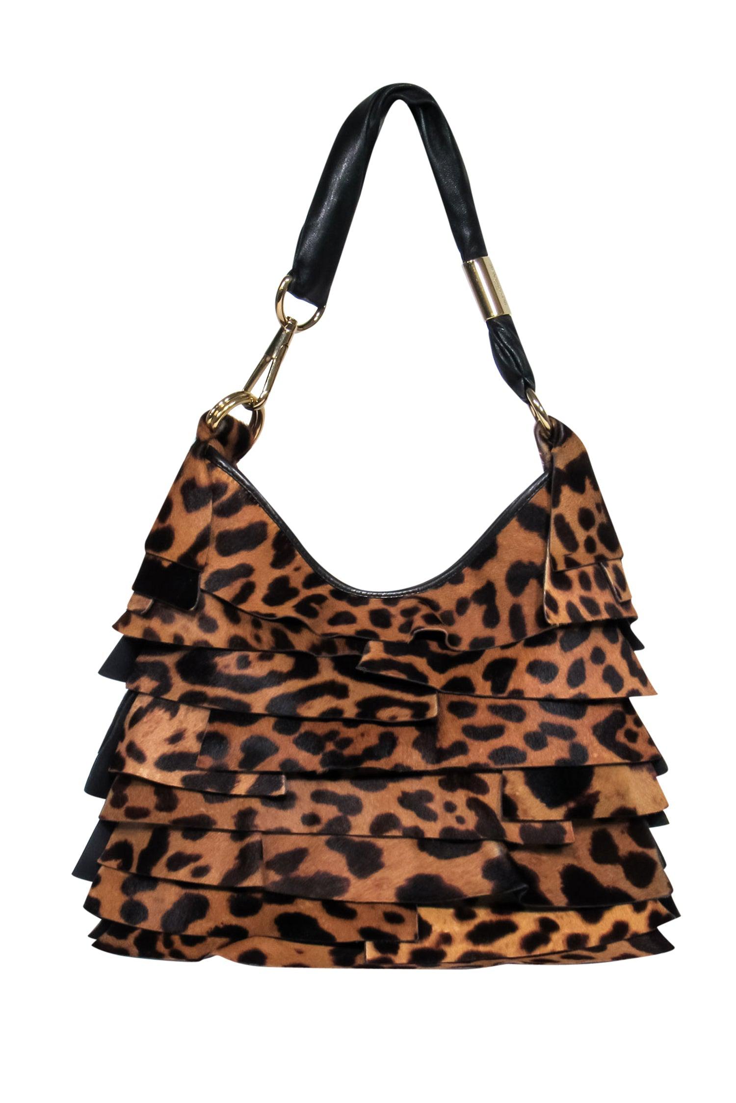 Yves Saint Laurent - Brown Leopard Print Calf Hair Tiered Shoulder Bag