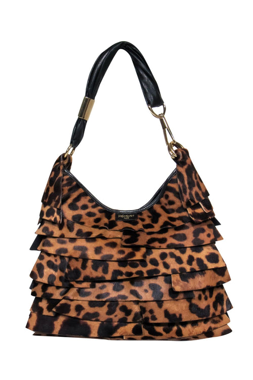 Yves Saint Laurent - Brown Leopard Print Calf Hair Tiered Shoulder Bag
