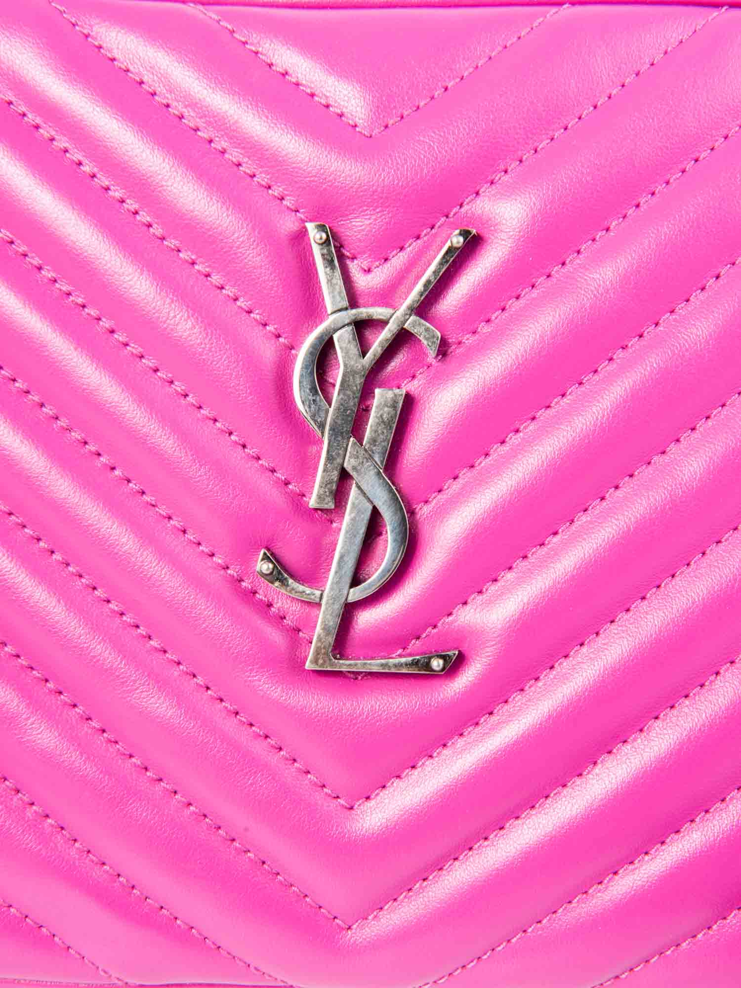 Yves Saint Laurent Chevron Leather Tassel Camera Messenger Bag Magenta Pink