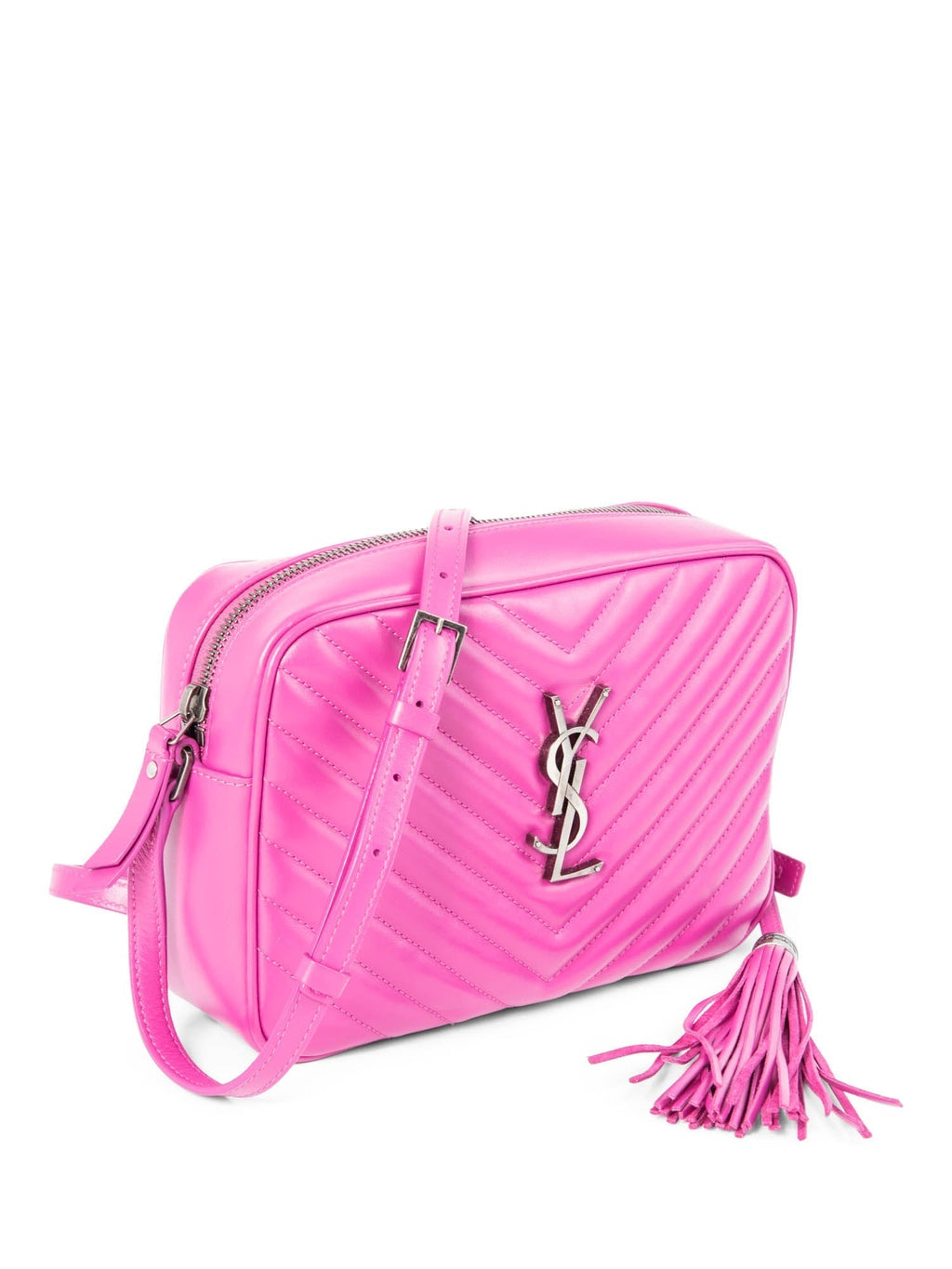 Yves Saint Laurent Chevron Leather Tassel Camera Messenger Bag Magenta Pink