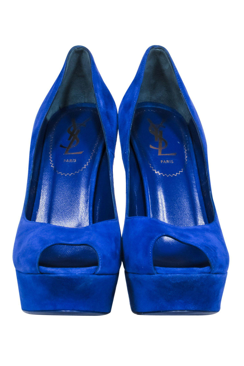 Yves Saint Laurent - Cobalt Blue Suede Peep Toe Platform Pumps Sz 8.5