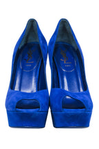 Yves Saint Laurent - Cobalt Blue Suede Peep Toe Platform Pumps Sz 8.5