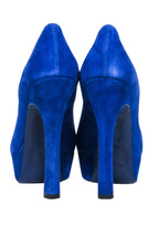 Yves Saint Laurent - Cobalt Blue Suede Peep Toe Platform Pumps Sz 8.5