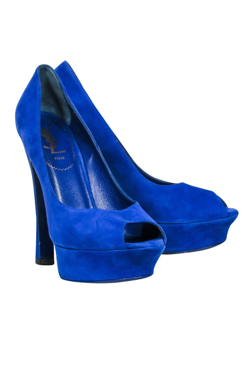 Yves Saint Laurent - Cobalt Blue Suede Peep Toe Platform Pumps Sz 8.5