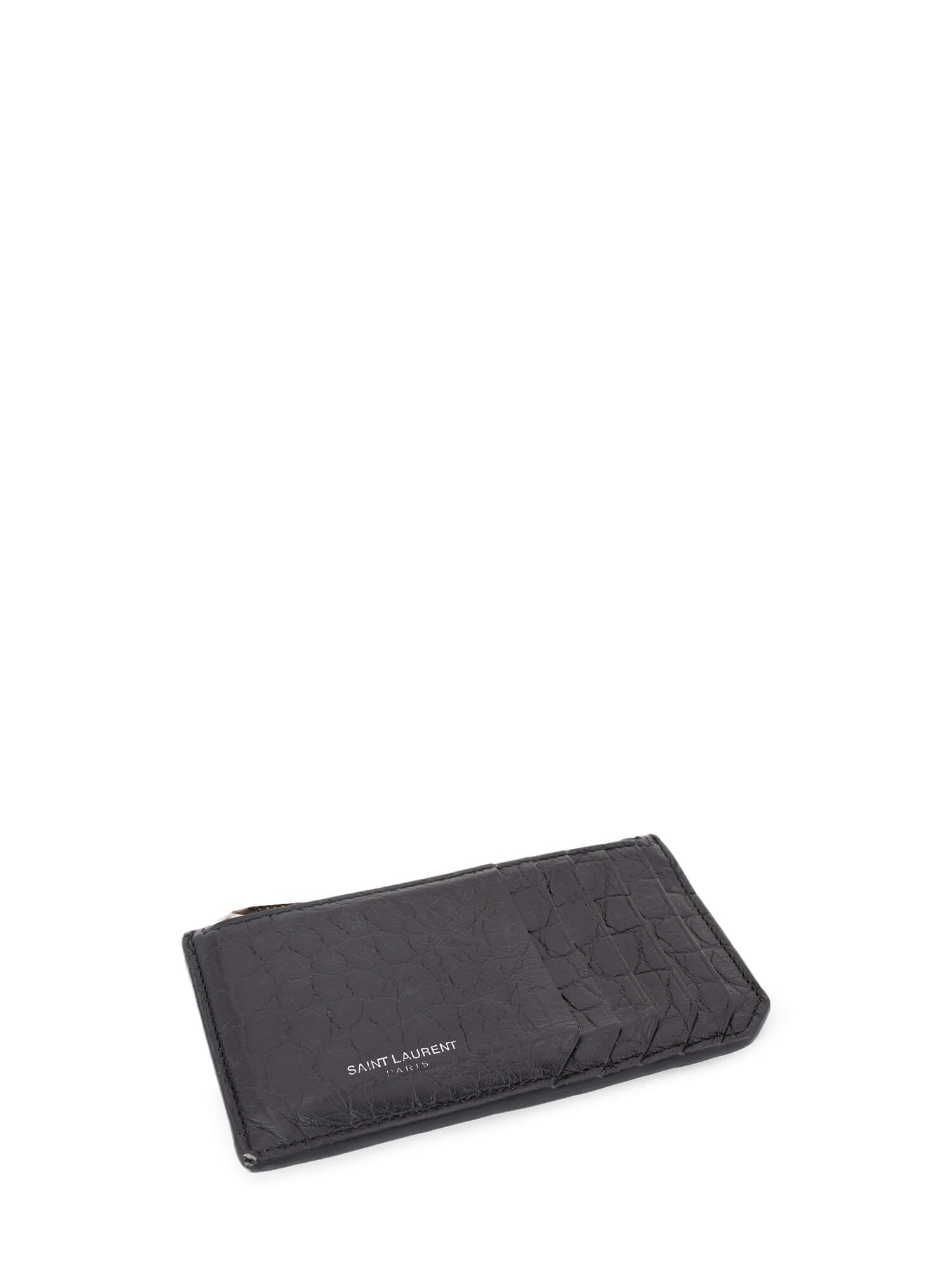 Yves Saint Laurent Croc Embossed Card Holder Black