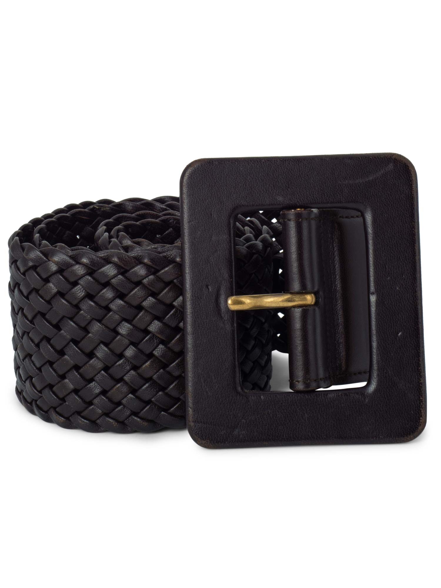 Yves Saint Laurent Leather Woven Large Buckle Belt Brown