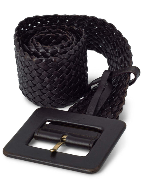 Yves Saint Laurent Leather Woven Large Buckle Belt Brown