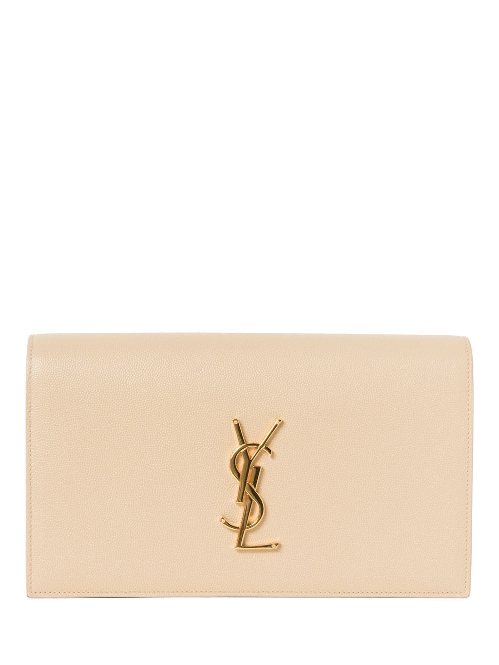 Yves Saint Laurent Logo Grained Leather Clutch Biege Gold