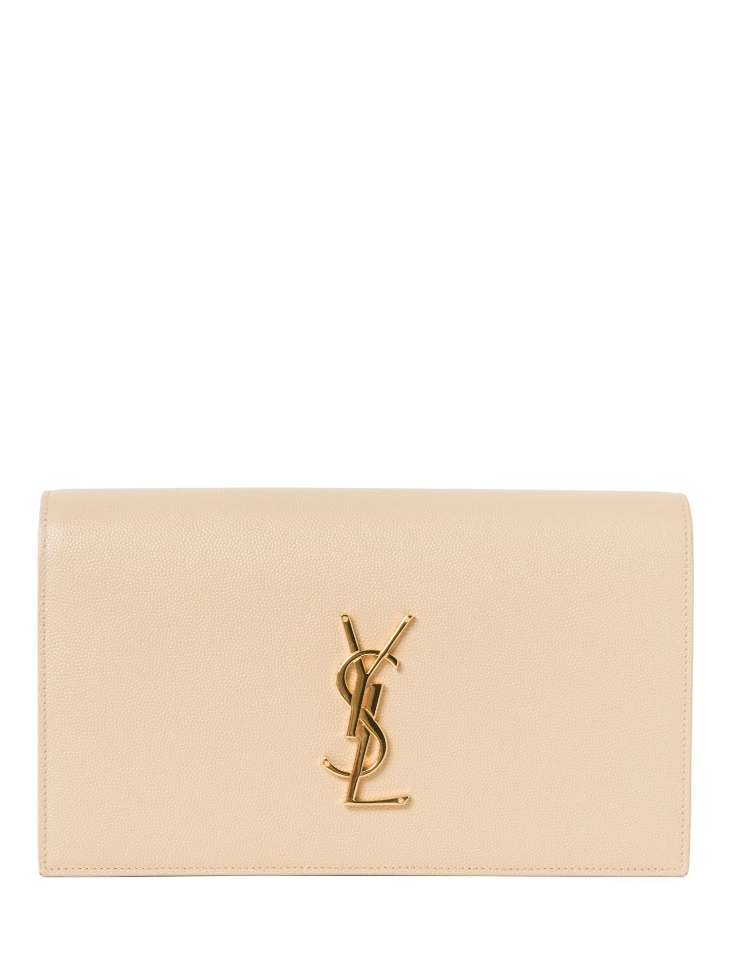 Yves Saint Laurent Logo Grained Leather Clutch Biege Gold