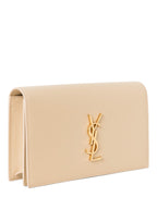 Yves Saint Laurent Logo Grained Leather Clutch Biege Gold