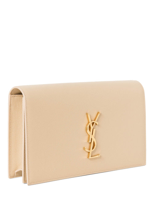 Yves Saint Laurent Logo Grained Leather Clutch Biege Gold