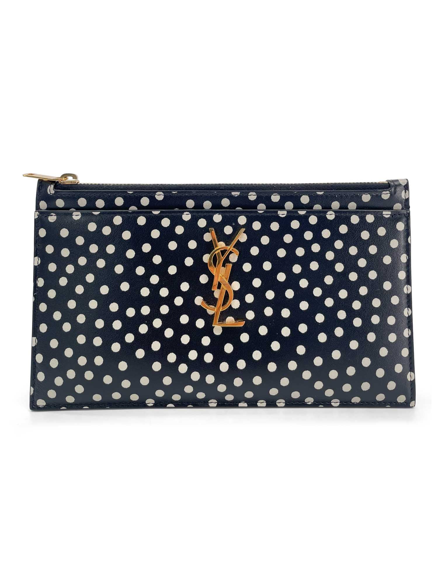 Yves Saint Laurent Logo Polkadot Clutch Black White
