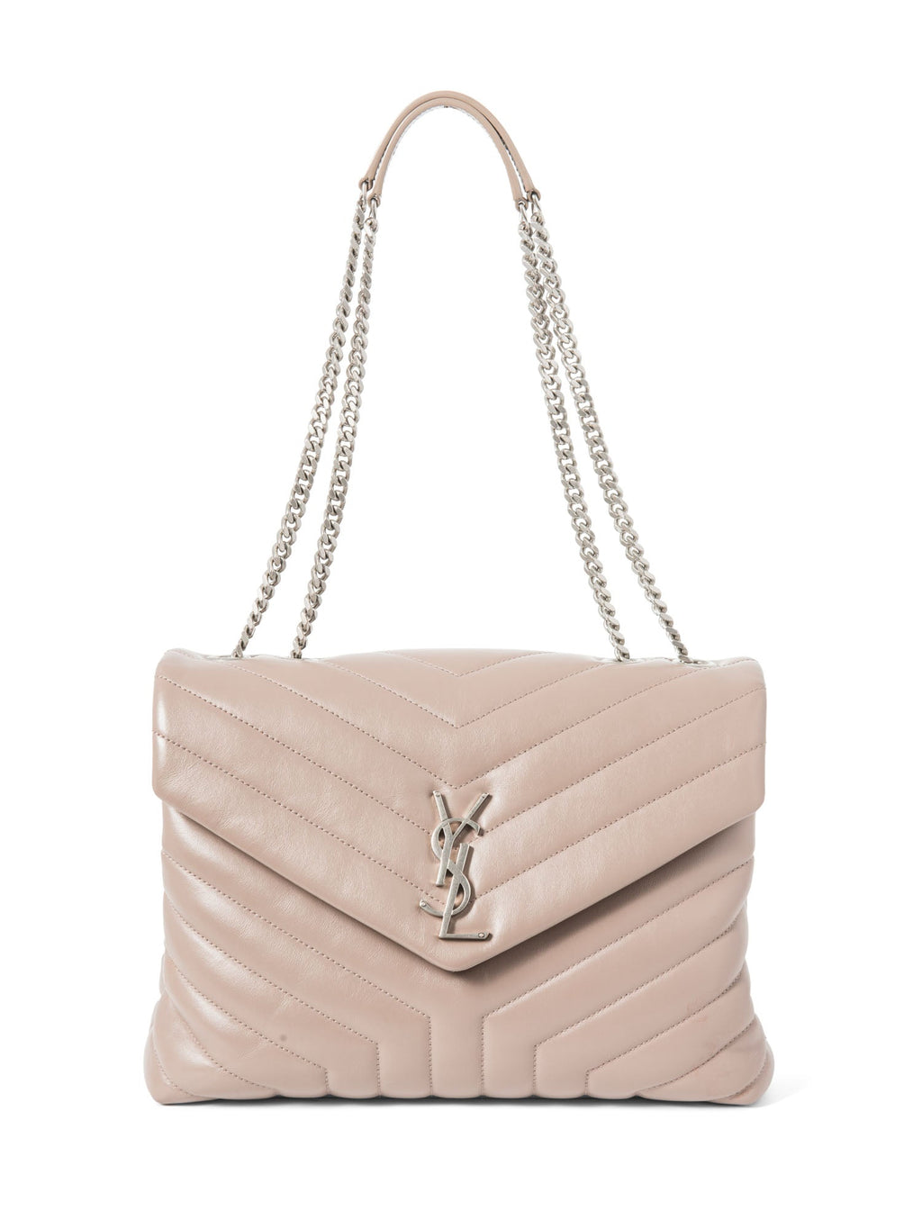 Yves Saint Laurent Logo Quilted Chevron Leather Medium Loulou Bag Taupe Silver