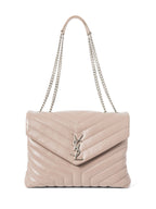 Yves Saint Laurent Logo Quilted Chevron Leather Medium Loulou Bag Taupe Silver