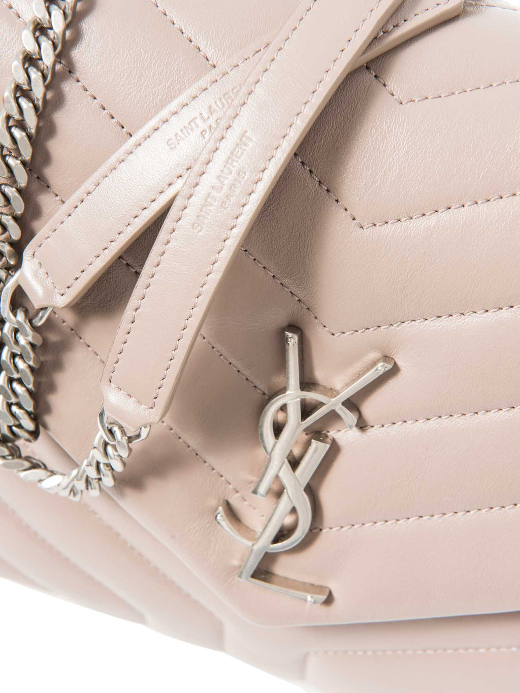 Yves Saint Laurent Logo Quilted Chevron Leather Medium Loulou Bag Taupe Silver