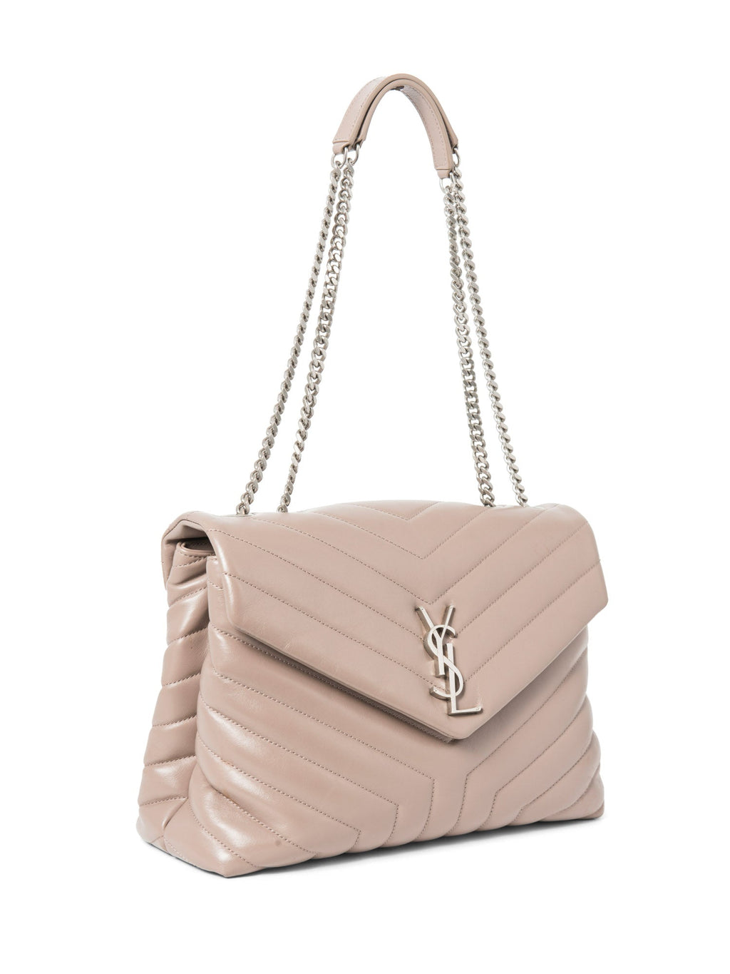 Yves Saint Laurent Logo Quilted Chevron Leather Medium Loulou Bag Taupe Silver