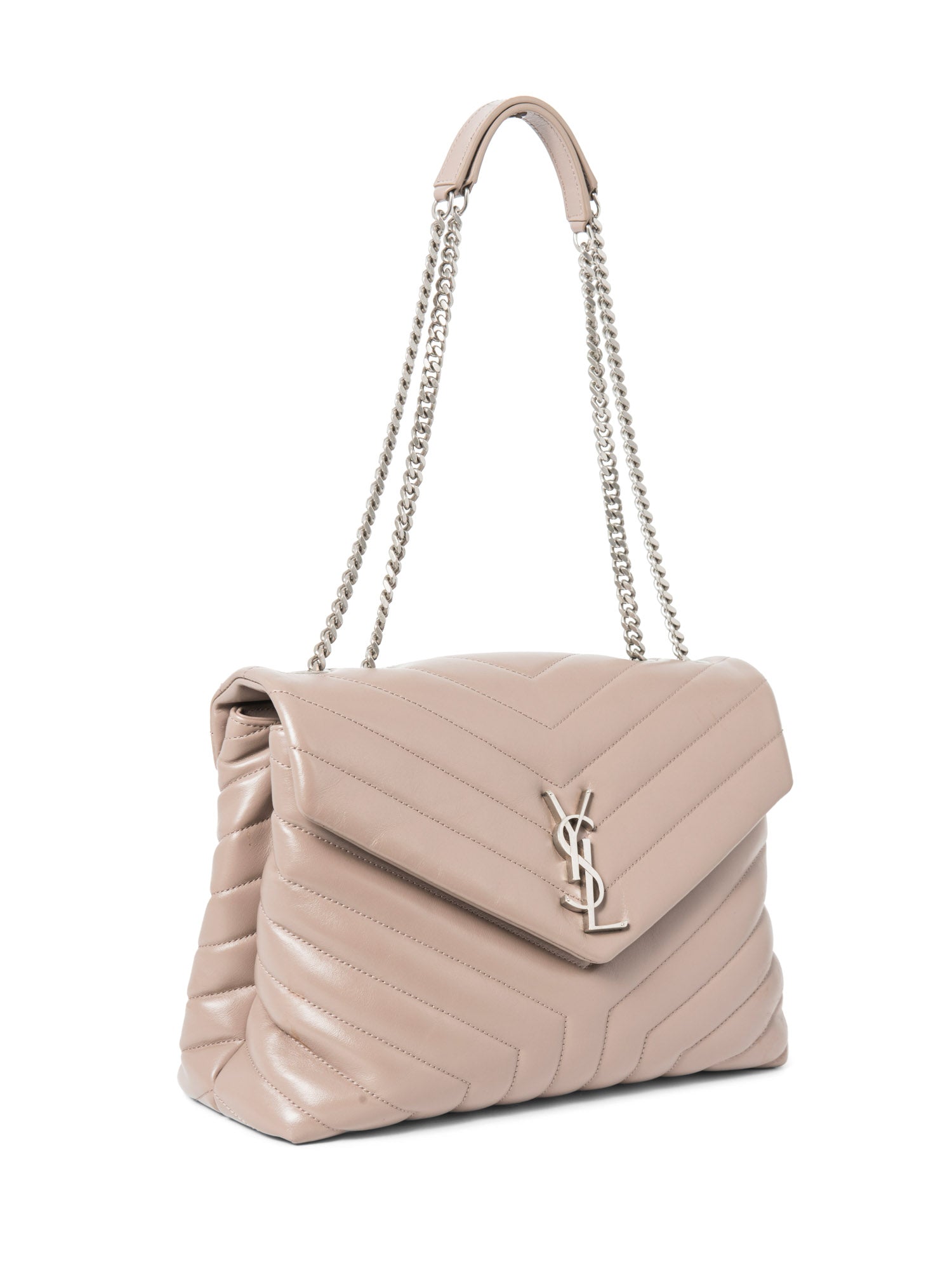 Yves Saint Laurent Logo Quilted Chevron Leather Medium Loulou Bag Taupe Silver