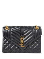 Yves Saint Laurent Logo Quilted Leather 24K Gold Plated Messenger Bag Black