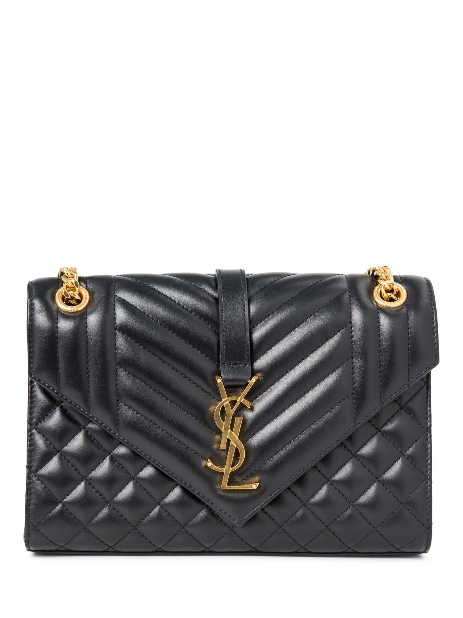 Yves Saint Laurent Logo Quilted Leather 24K Gold Plated Messenger Bag Black