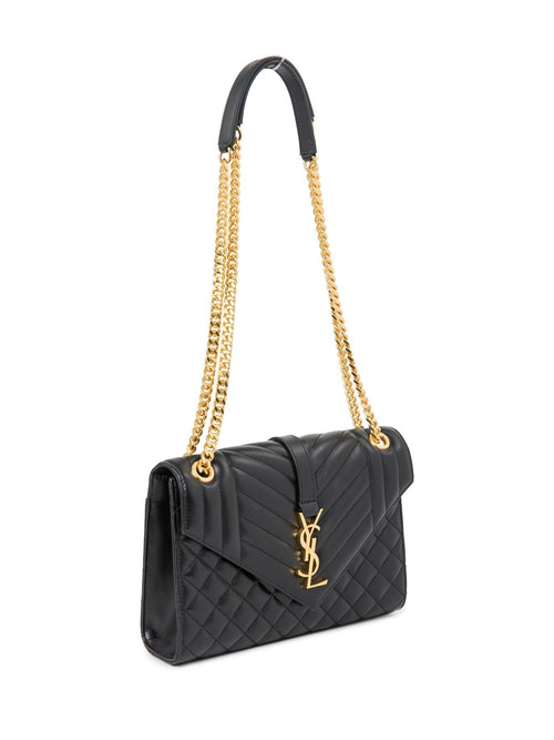Yves Saint Laurent Logo Quilted Leather 24K Gold Plated Messenger Bag Black