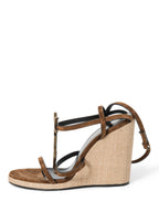 Yves Saint Laurent Logo Suede Cassandra Wedge Sandals Brown